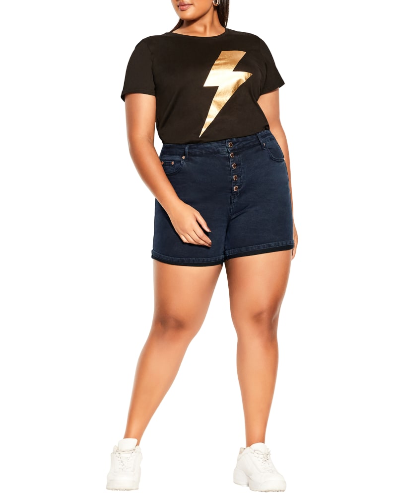 Front of a model wearing a size 12 Serene Denim Short in Dark Wash by Refinity. | dia_product_style_image_id:273185